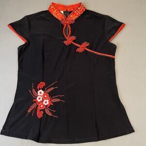 Women XS Chinese Embroidered Short Sleeve Shirt Floral Cheongsam Halloween